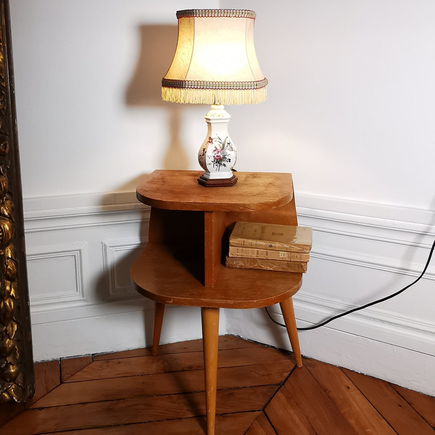 Lampe céramique abat-jour franges décor moustiers