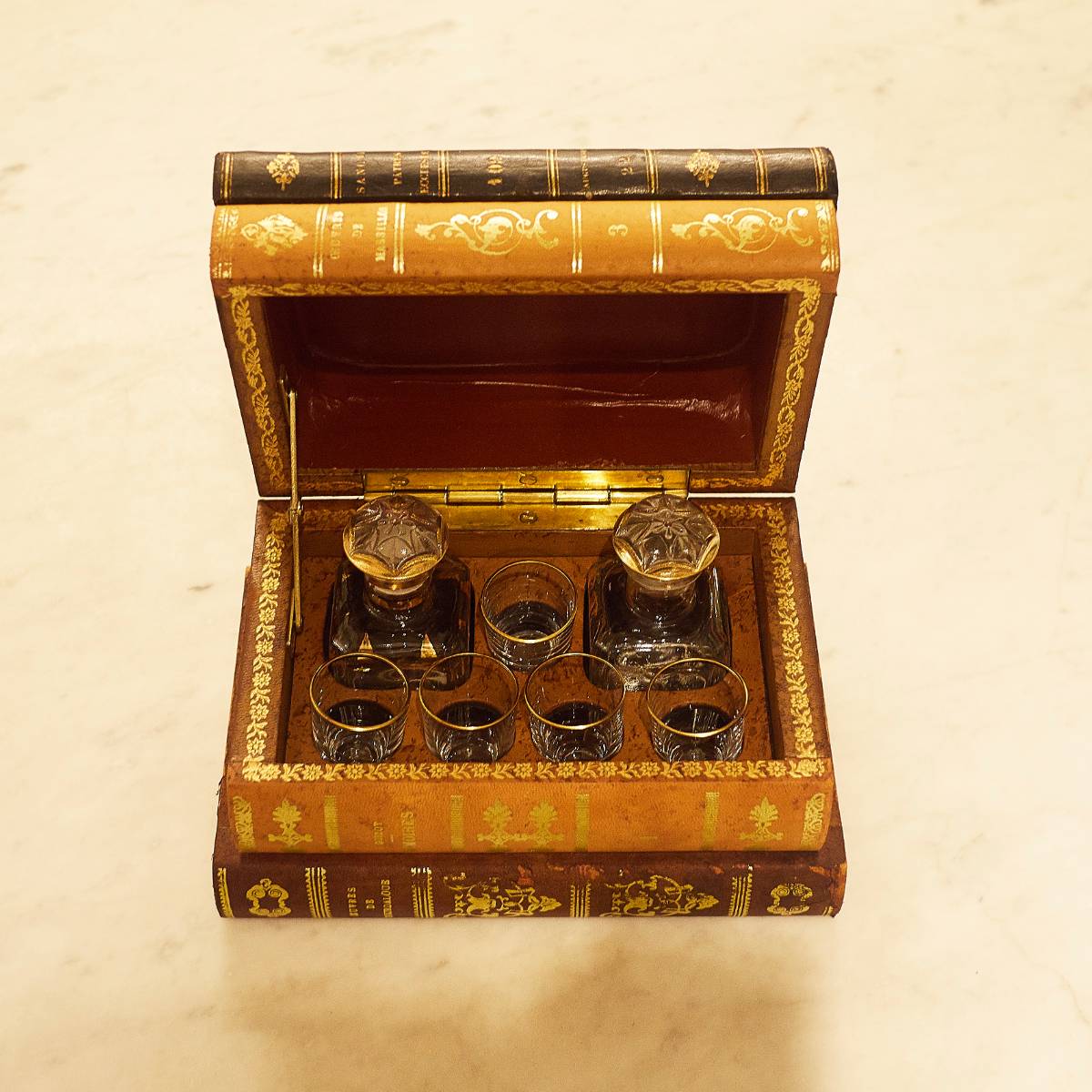 Ancienne Cave A Liqueur Trompe L'oeil Faux Livre Cuir