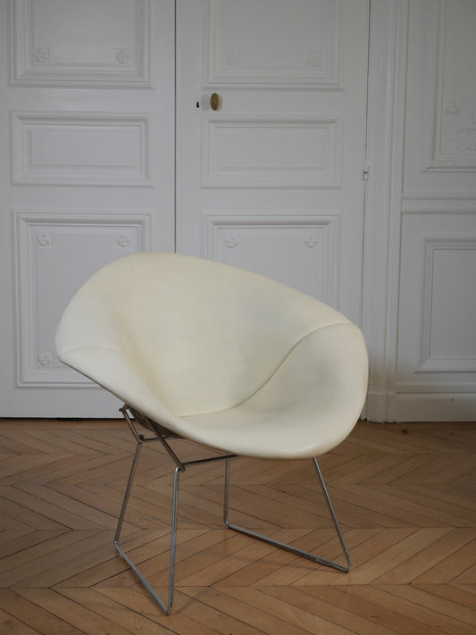 Fauteuil diamant d'Harry Bertoïa  Knoll entièrement tapissé de cuir crème