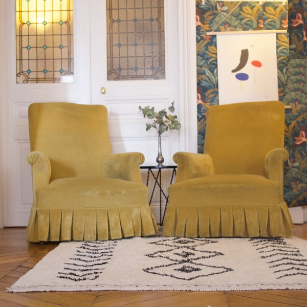 Paire de fauteuil crapaud ocre plissée